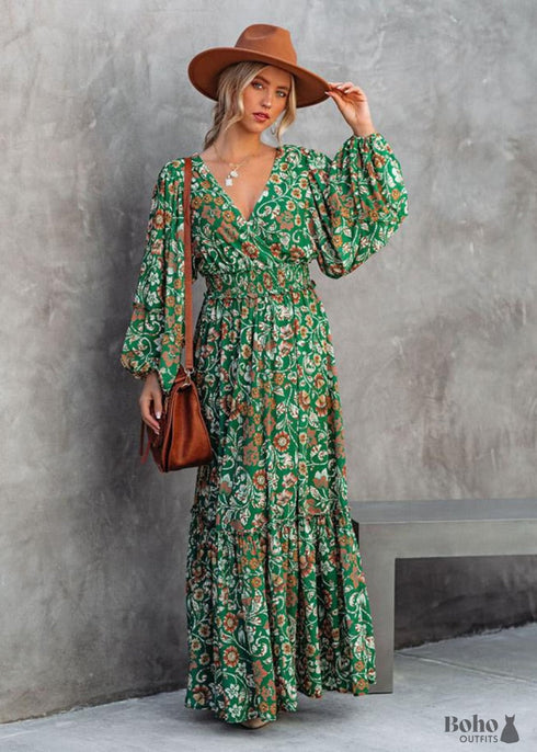Floral Green Boho Maxi Dress